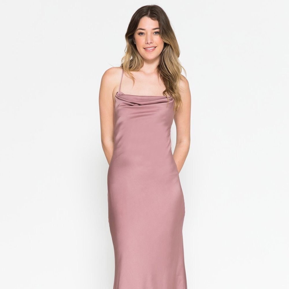 NEW LONG OFF THE SHOULDER SATIN SLEEVELESS A-LINE GOWN WITH LACE UP BACK AC 6111
